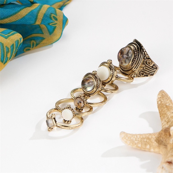 6 Boho Antique Gold Stackable Ring Set - Picture 3 of 7